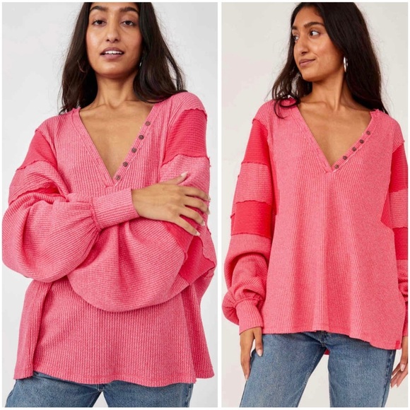 Free People Tops - FREE PEOPLE Oversized Boho Slouchy Casual Boxy Waffle Callisto Henley Top Size M